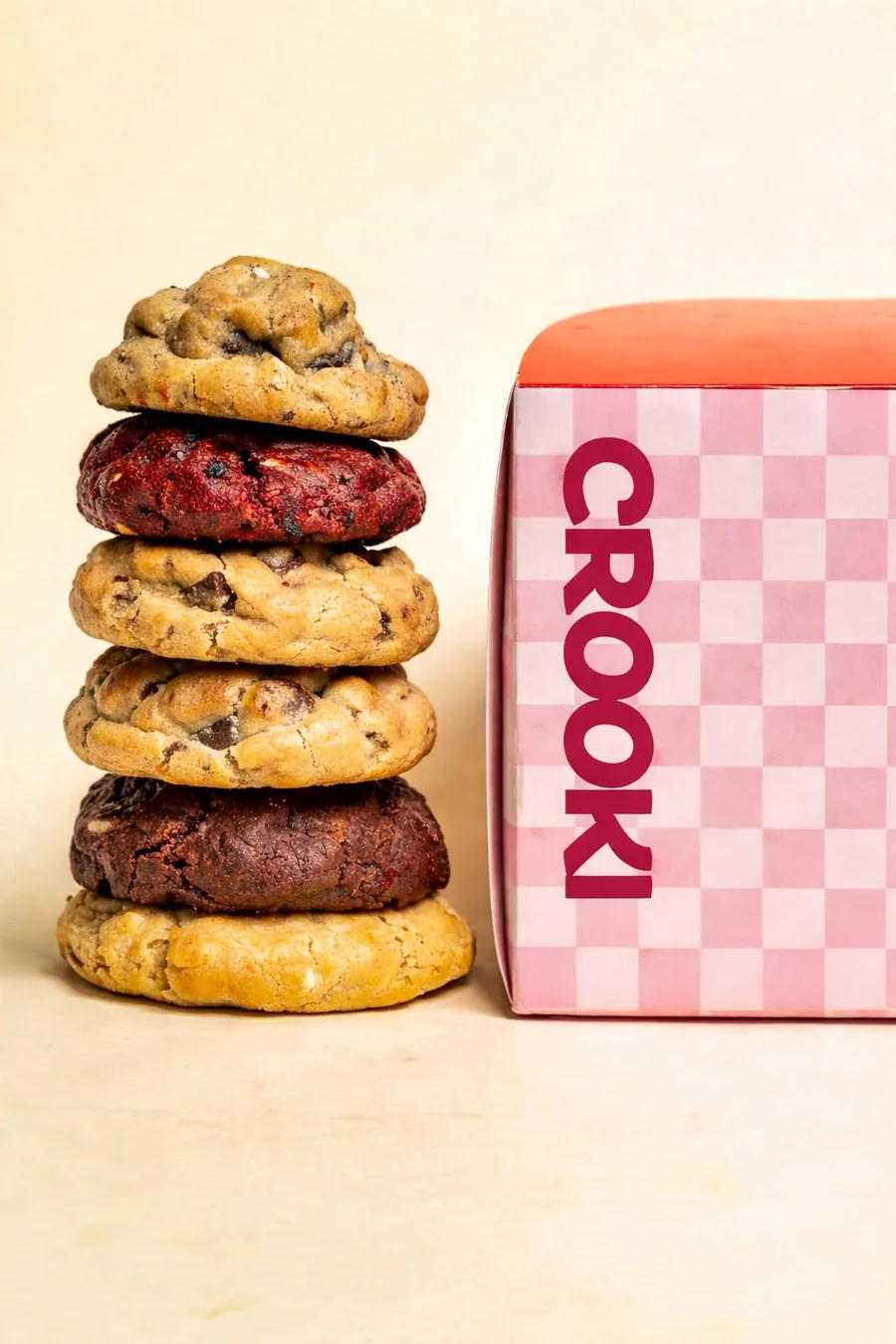 Stack of Crooki cookies next to their box
